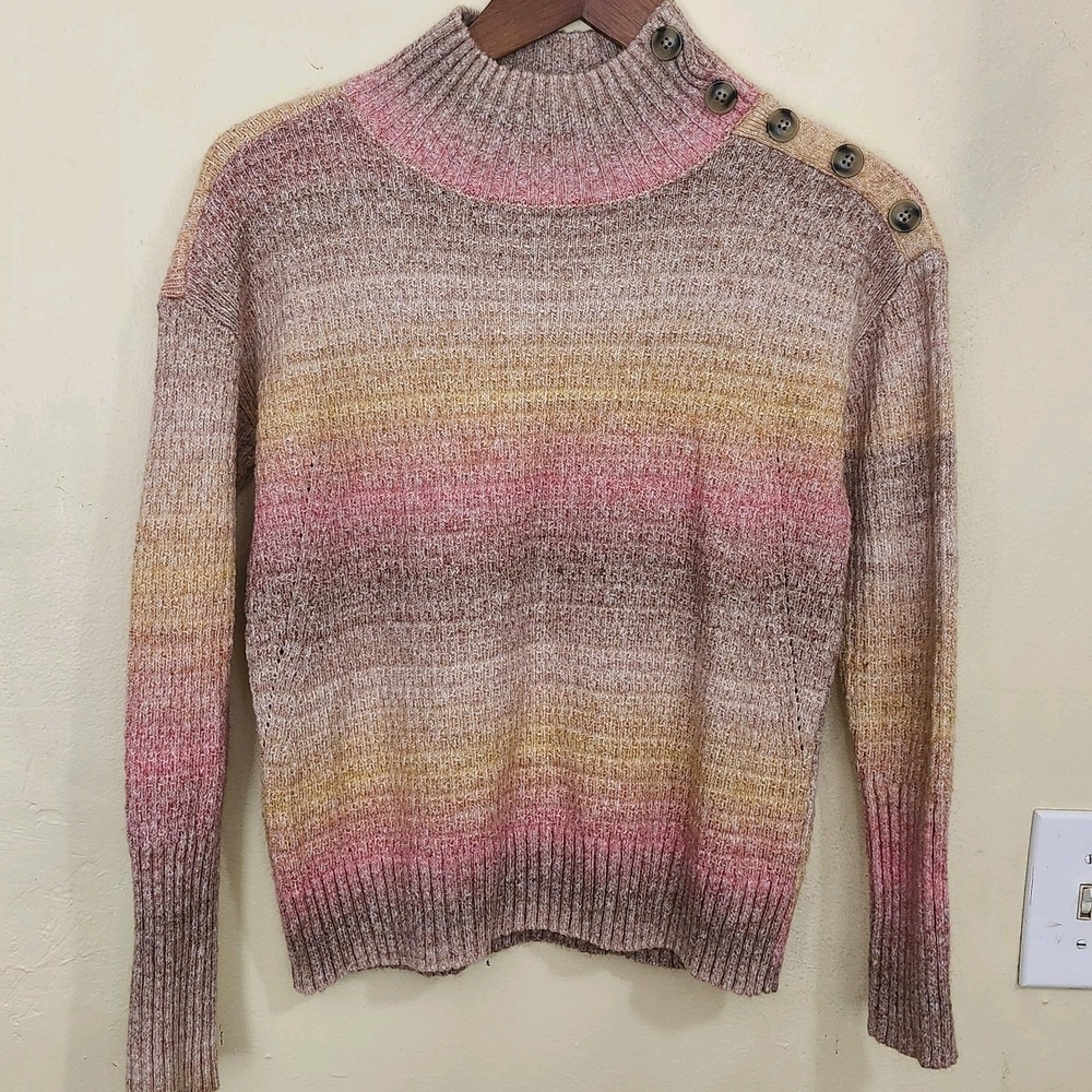 Talbots Mock Neck Sweater Button Detail Ombre Stripe Orange Pink‎ Sunset Size XS